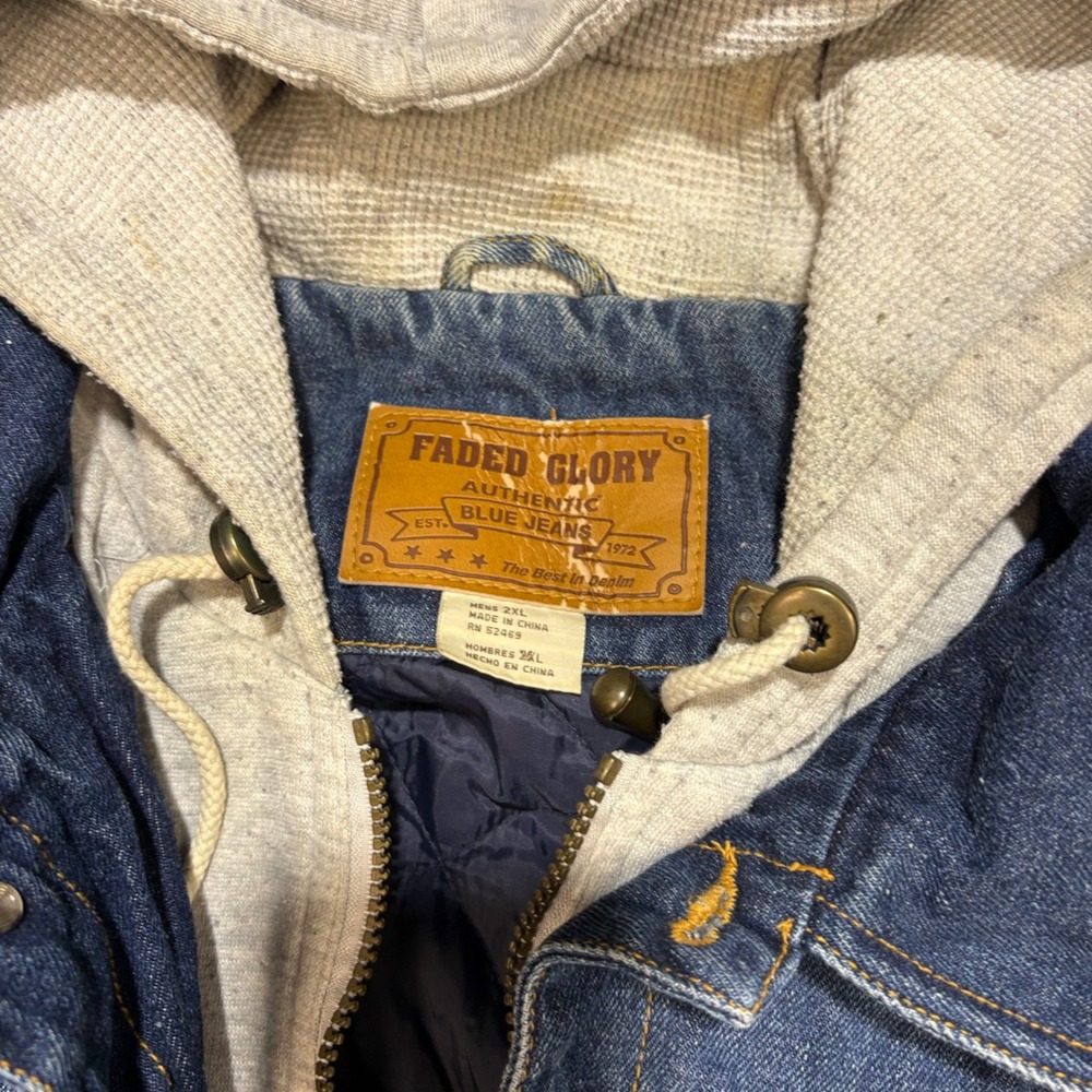 Faded Glory Mens 2XL Denim Jacket Blue Quilted Lined Hooded Full Zip Workwear - Picture 3 of 7
